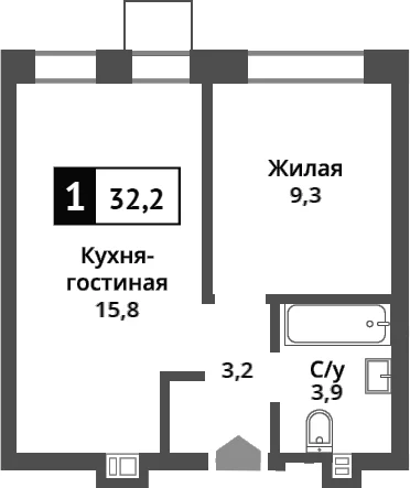 Планировка: Евродвушка 32,2 м² в ЖК «Никольский квартал Отрада»