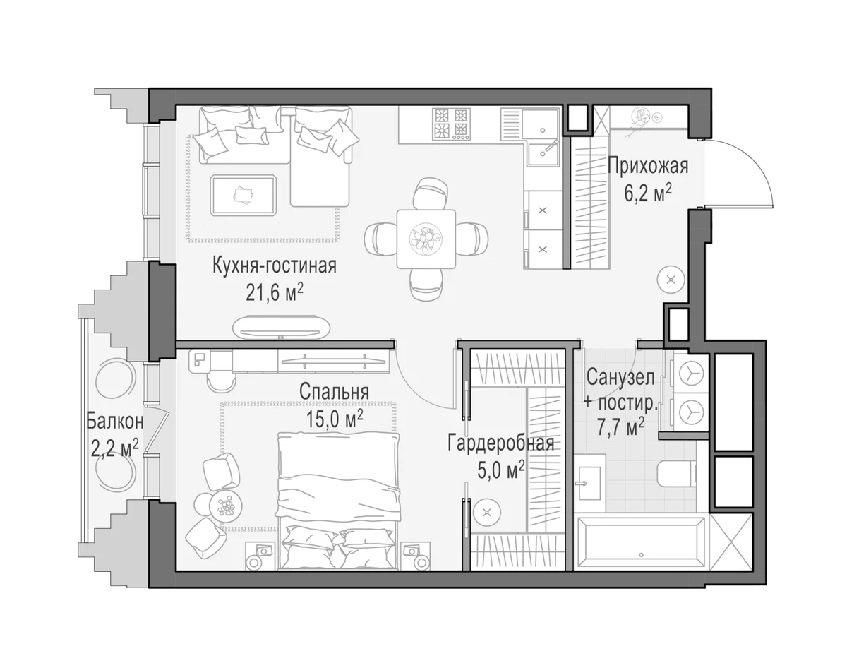 Планировка: Евродвушка 55,3 м² в ЖК «Квартал Тишинский бульвар»