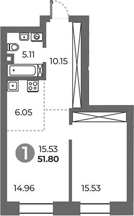 Планировка: 1-комнатная квартира 51,8 м² в ЖК «Павелецкая от Гранель»