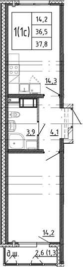Планировка: Евродвушка 36,5 м² в ЖК «Ручьи 2»