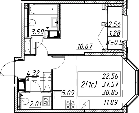 Планировка: Евродвушка 37,6 м² в ЖК «Цивилизация на Неве»