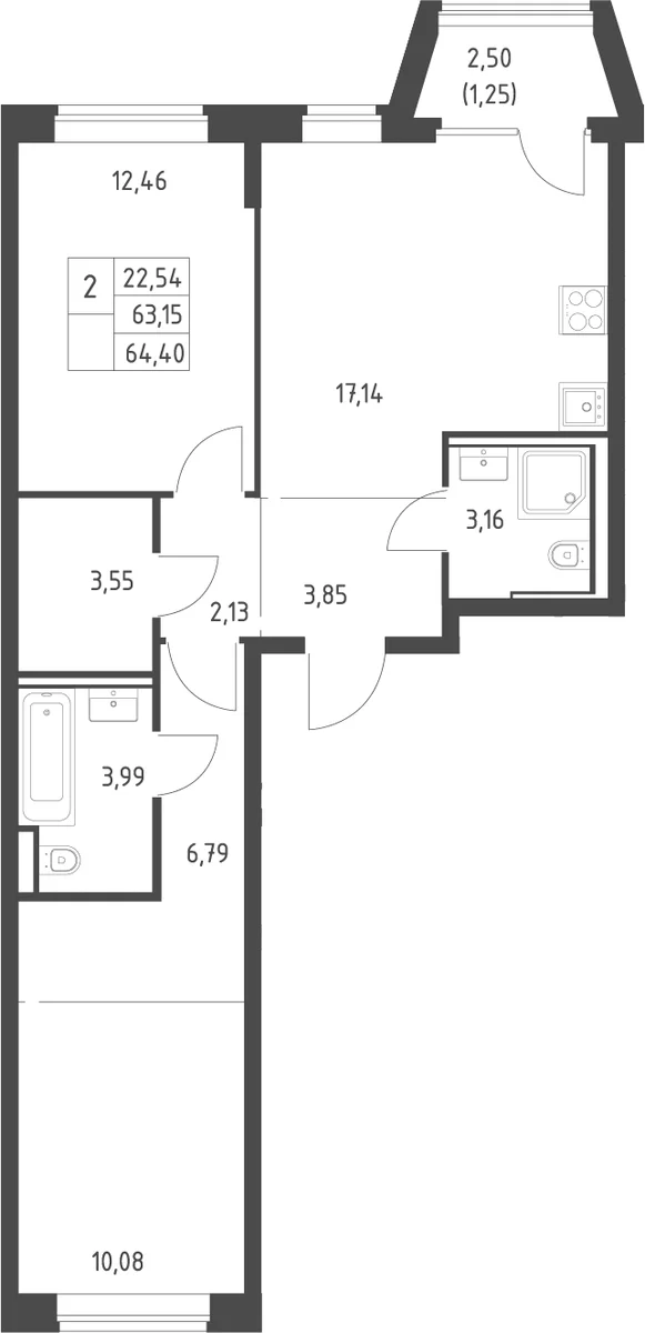 Планировка: Евротрёшка 63,2 м² в ЖК «Литературный Квартал»
