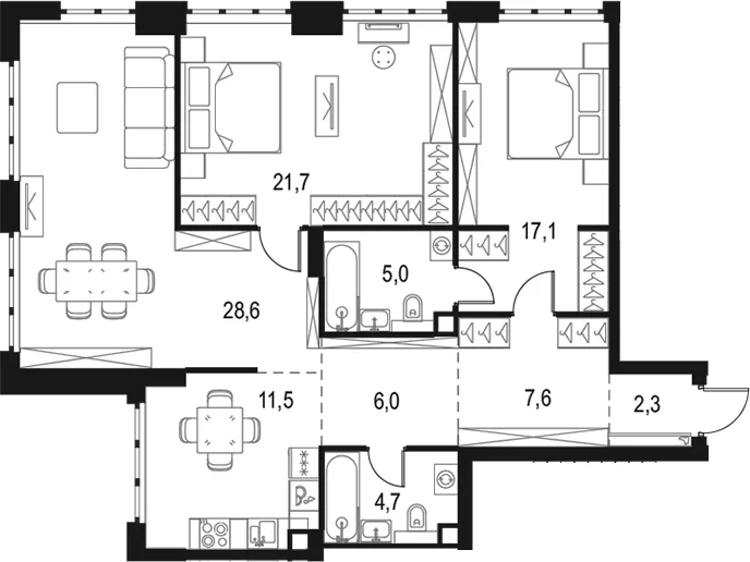 Планировка: 3-комнатная квартира 104,5 м² в ЖК «Левел Южнопортовая»