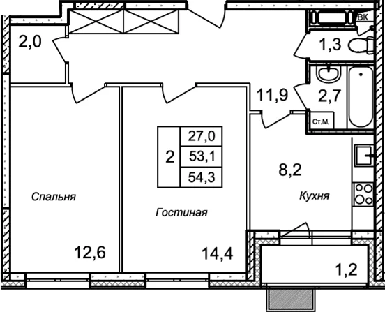 Планировка: 2-комнатная квартира 53,1 м² в ЖК «Квартал Светлый»