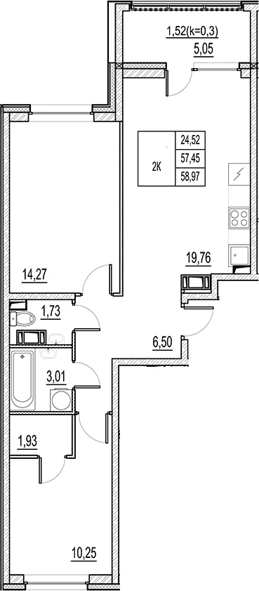 Планировка: Евротрёшка 57,5 м² в ЖК «Город-спутник Южный»