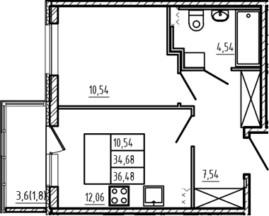 Планировка: 1-комнатная квартира 34,7 м² в ЖК «Новая история»