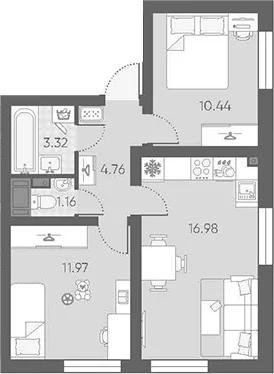 Планировка: Евротрёшка 48,6 м² в ЖК «Морская миля»