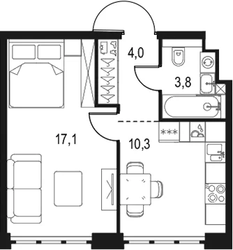 Планировка: 1-комнатная квартира 35,2 м² в ЖК «Левел Южнопортовая»