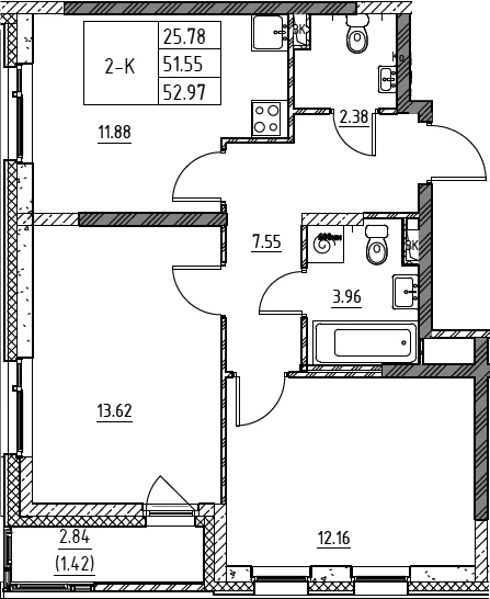 Планировка: 2-комнатная квартира 51,6 м² в ЖК «Город-спутник Южный»