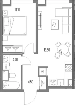 Планировка: 1-комнатная квартира 38,5 м² в ЖК «Северный Порт»