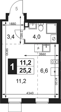 Планировка: Студия 25,2 м² в ЖК «1-й Ясеневский»