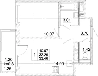 Планировка: 1-комнатная квартира 32,2 м² в ЖК «Аэросити»
