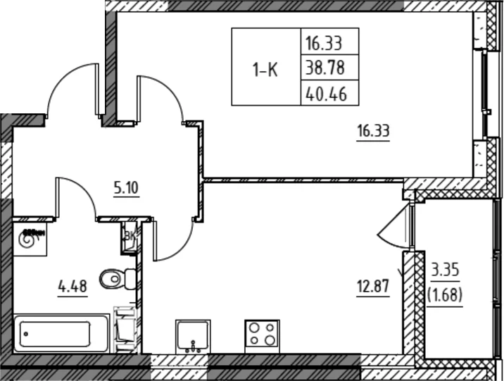 Планировка: 1-комнатная квартира 38,8 м² в ЖК «Город-спутник Южный»