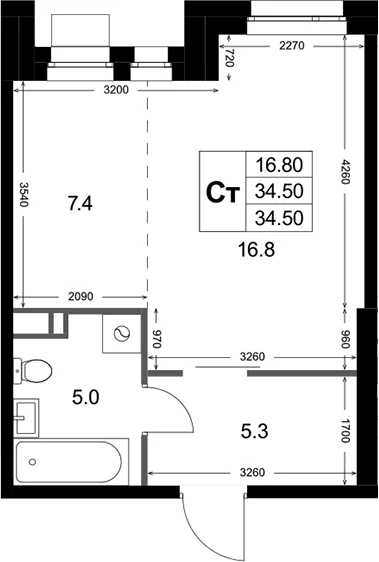 Планировка: Студия 34,5 м² в ЖК «Кореневский Форт 2.3»
