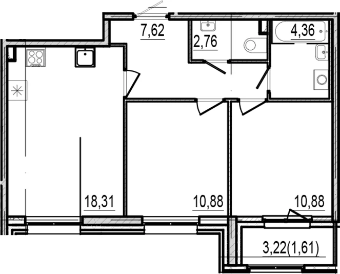 Планировка: 2-комнатная квартира 54,8 м² в ЖК «Оптимист»