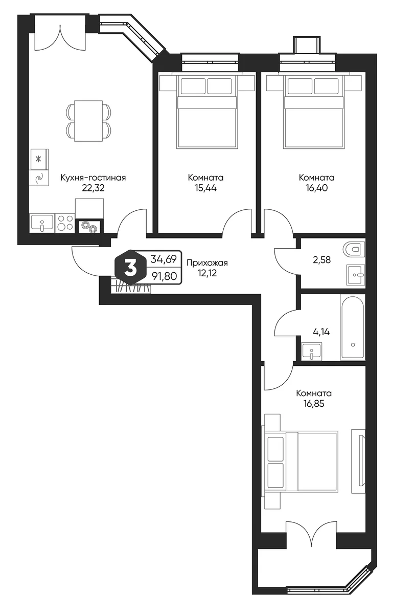 Планировка: Квартира евро-4 89,9 м² в ЖК «Мечта квартал Дружба»