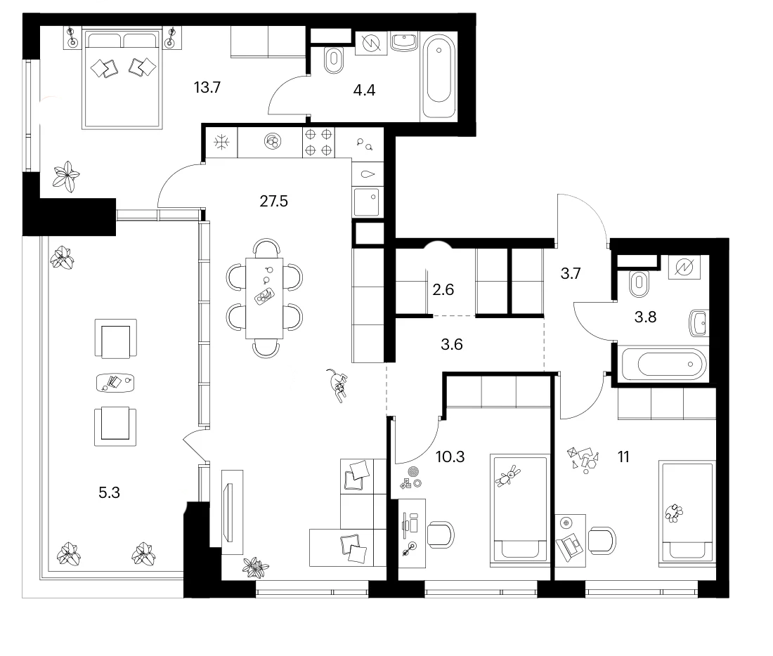 Планировка: 3-комнатная квартира 80,6 м² в ЖК «Бунинская набережная»