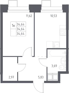 Планировка: 1-комнатная квартира 34,6 м² в ЖК «Тропарево Парк»