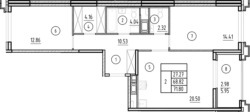 Планировка: Евротрёшка 68,8 м² в ЖК «Ассамблея»