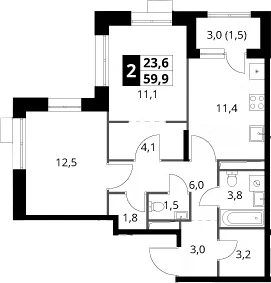 Планировка: 2-комнатная квартира 58,4 м² в ЖК «1-й Саларьевский»