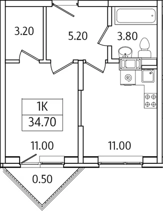 Планировка: 1-комнатная квартира 34,2 м² в ЖК «Видный Берег 2.0»