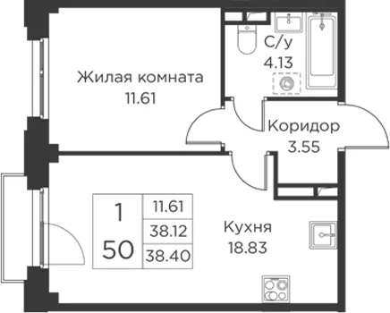 Планировка: Евродвушка 38,1 м² в ЖК «Кронфорт»