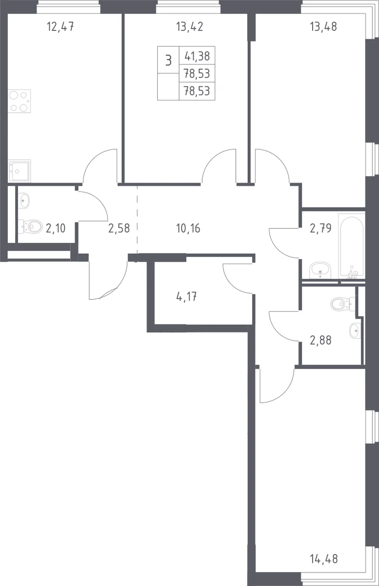 Планировка: 3-комнатная квартира 78,5 м² в ЖК «Мытищи Парк»