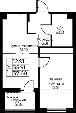 Планировка: Евродвушка 35,9 м² в ЖК «Тишин»