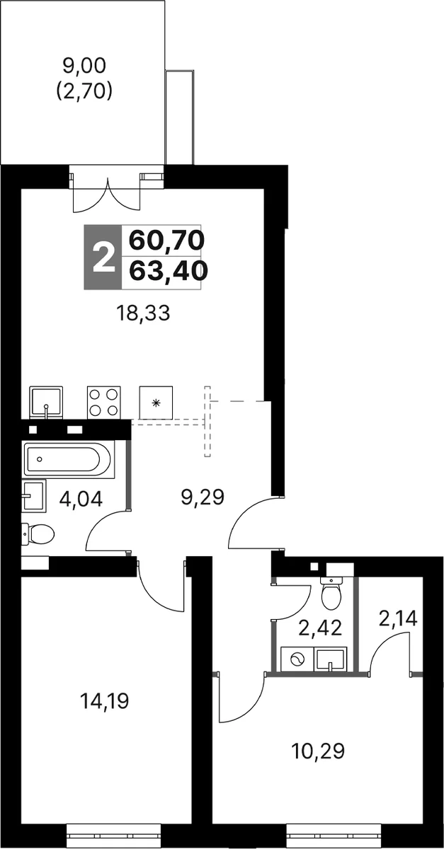Планировка: Евротрёшка 60,7 м² в ЖК «Жаворонки Клаб»