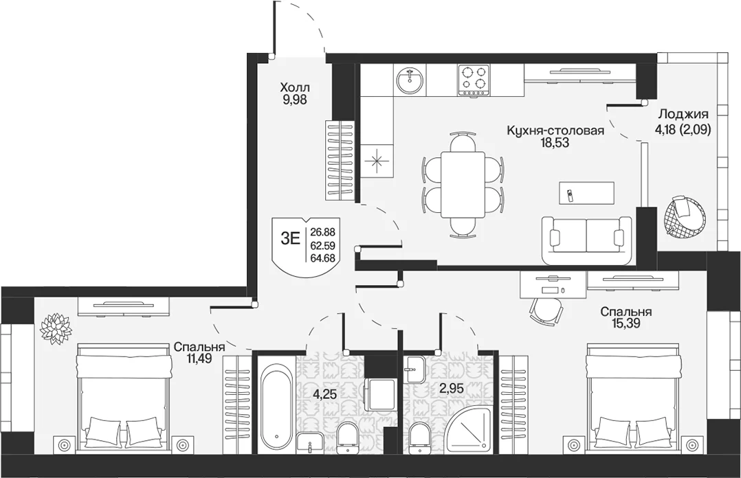 Планировка: Евротрёшка 62,6 м² в ЖК «Охтинские высоты»