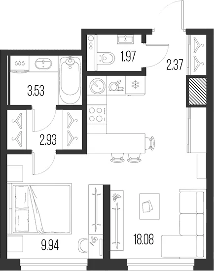 Планировка: Евродвушка 38,8 м² в ЖК «Новая земля»