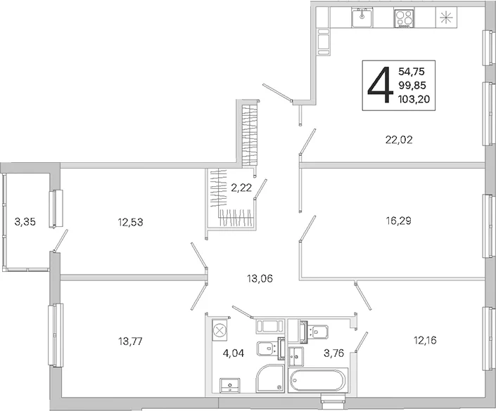 Планировка: Квартира евро-5 99,9 м² в ЖК «ЮгТаун. Олимпийские кварталы»