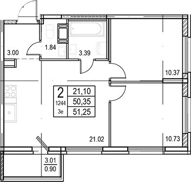Планировка: Евротрёшка 50,4 м² в ЖК «ID Murino III»