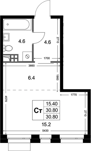 Планировка: Студия 30,8 м² в ЖК «Кореневский Форт 2.3»