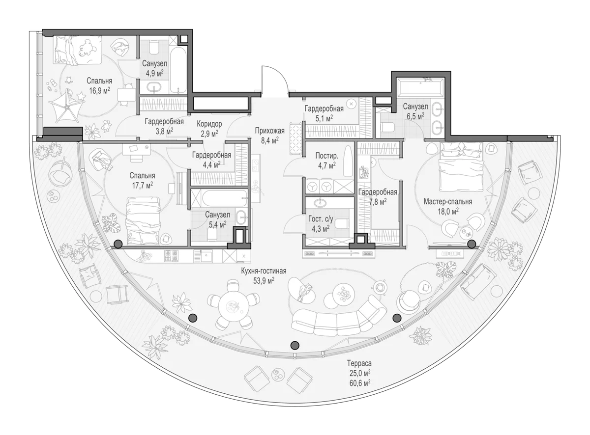 Планировка: Квартира евро-4 172,7 м² в ЖК «Клубный квартал Фрунзенский»