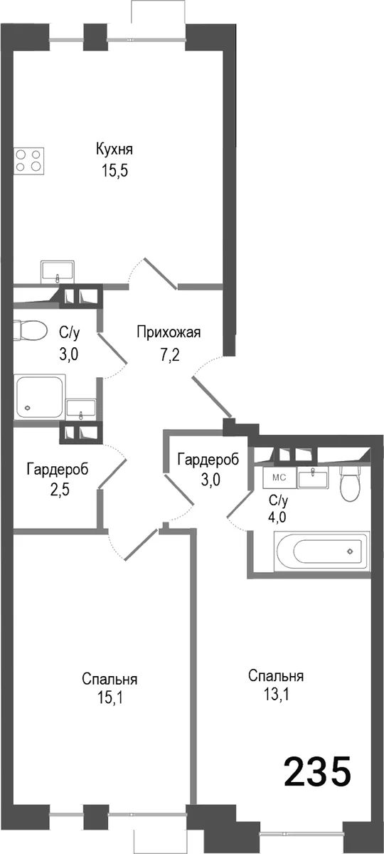 Планировка: Евротрёшка 63,4 м² в ЖК «Киноквартал»