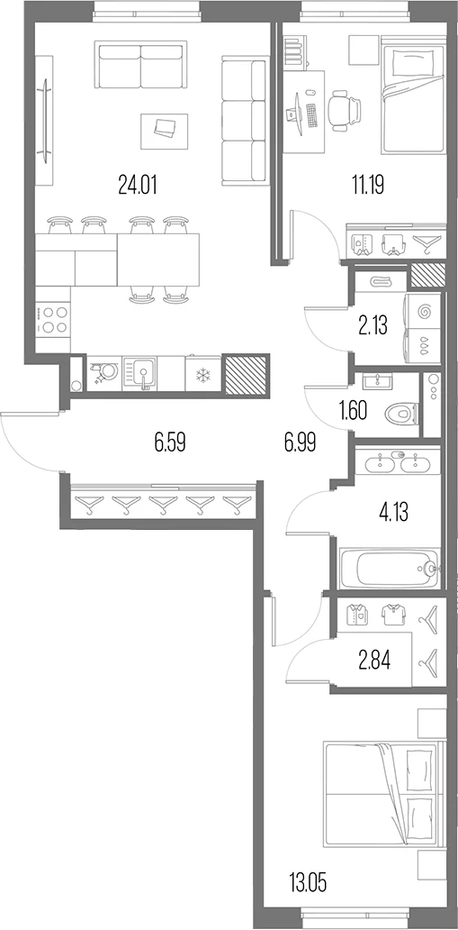 Планировка: Евротрёшка 72,5 м² в ЖК «Легенда Васильевского»
