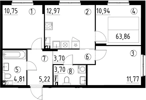 Планировка: 3-комнатная квартира 63,9 м² в ЖК «А101 Лаголово»