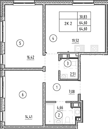 Планировка: 2-комнатная квартира 64,6 м² в ЖК «Плюс Пулковский»