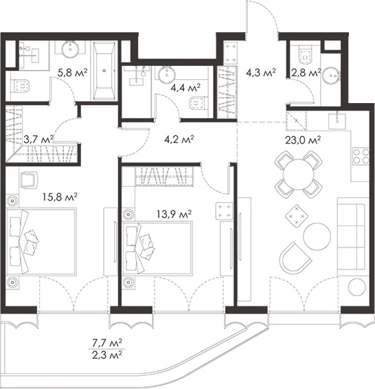 Планировка: Евротрёшка 79,3 м² в ЖК «КИНГ&САНС»