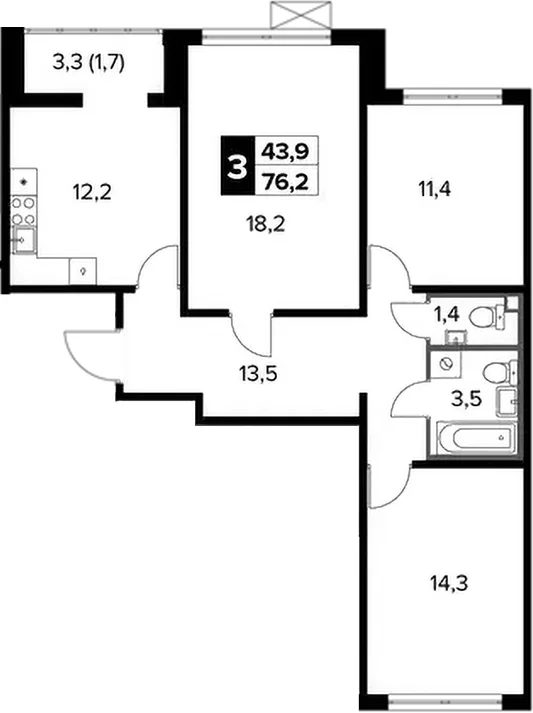 Планировка: 3-комнатная квартира 74,5 м² в ЖК «1-й Ленинградский»