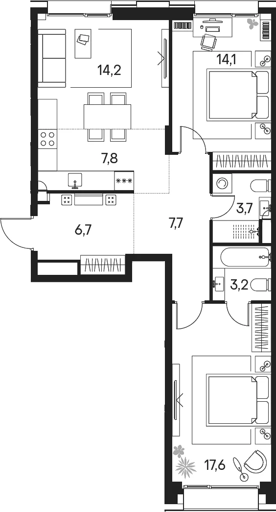 Планировка: Евротрёшка 75 м² в ЖК «Клубный город на реке Примавера»