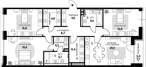 Планировка: 3-комнатная квартира 109,1 м² в ЖК «СберСити»