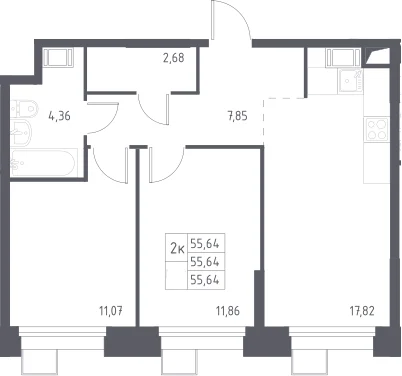 Планировка: Евротрёшка 55,6 м² в ЖК «Тропарево Парк»