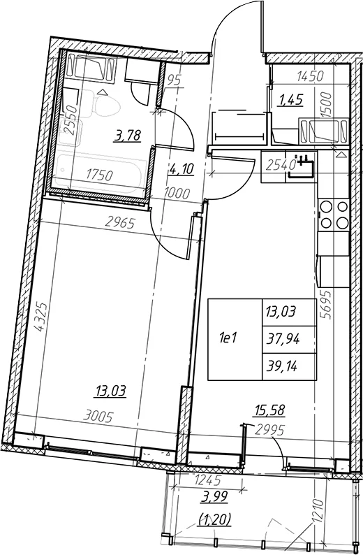 Планировка: Евродвушка 37,9 м² в ЖК «Левитан»