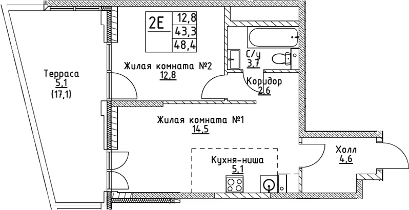 Планировка: Евродвушка 43,3 м² в ЖК «ВЭРИ на Миклухо-Маклая»