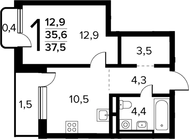 Планировка: 1-комнатная квартира 35,6 м² в ЖК «Новые Ватутинки Квартал у реки»