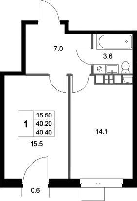 Планировка: 1-комнатная квартира 40,2 м² в ЖК «Легенда Марусино»