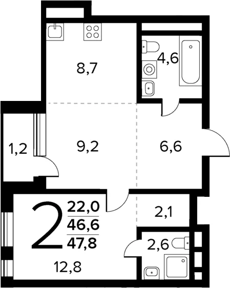 Планировка: Евродвушка 46,6 м² в ЖК «Новые Ватутинки Квартал у реки»