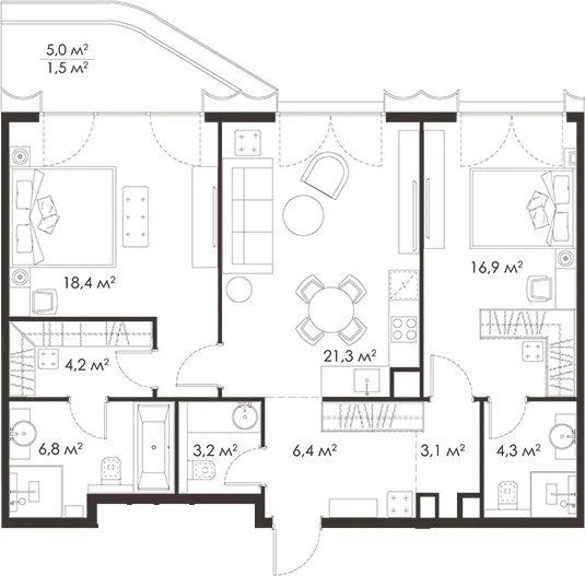 Планировка: Евротрёшка 84,6 м² в ЖК «КИНГ&САНС»